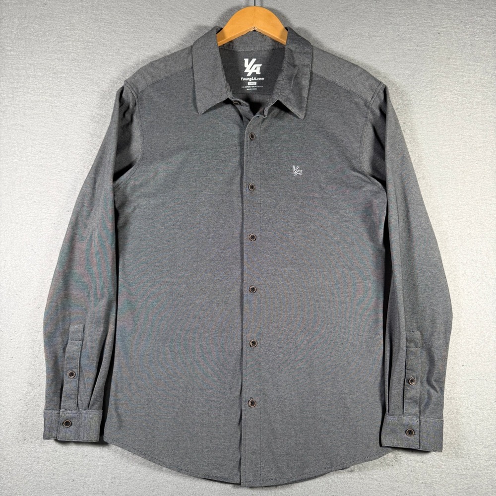 YoungLA Mens Charcoal Gray Textured Long Sleeve Button Down Shirt Large YLA